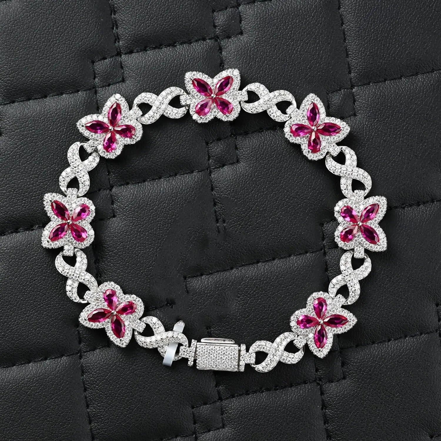 Butterfly Bracelet Infinity Link Pink Sapphire & 4.10CTW Round Moissanites VVS D Color | 12mm Men Women Bracelet | Iced Out Hiphop Bracelet