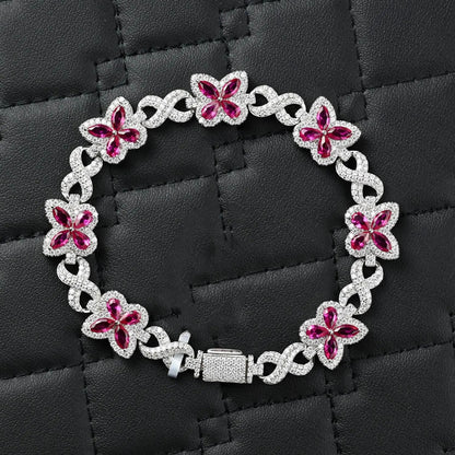 Butterfly Bracelet Infinity Link Pink Sapphire & 4.10CTW Round Moissanites VVS D Color | 12mm Men Women Bracelet | Iced Out Hiphop Bracelet
