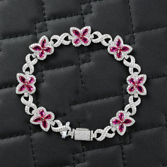 Butterfly Bracelet Infinity Link Pink Sapphire & 4.10CTW Round Moissanites VVS D Color | 12mm Men Women Bracelet | Iced Out Hiphop Bracelet