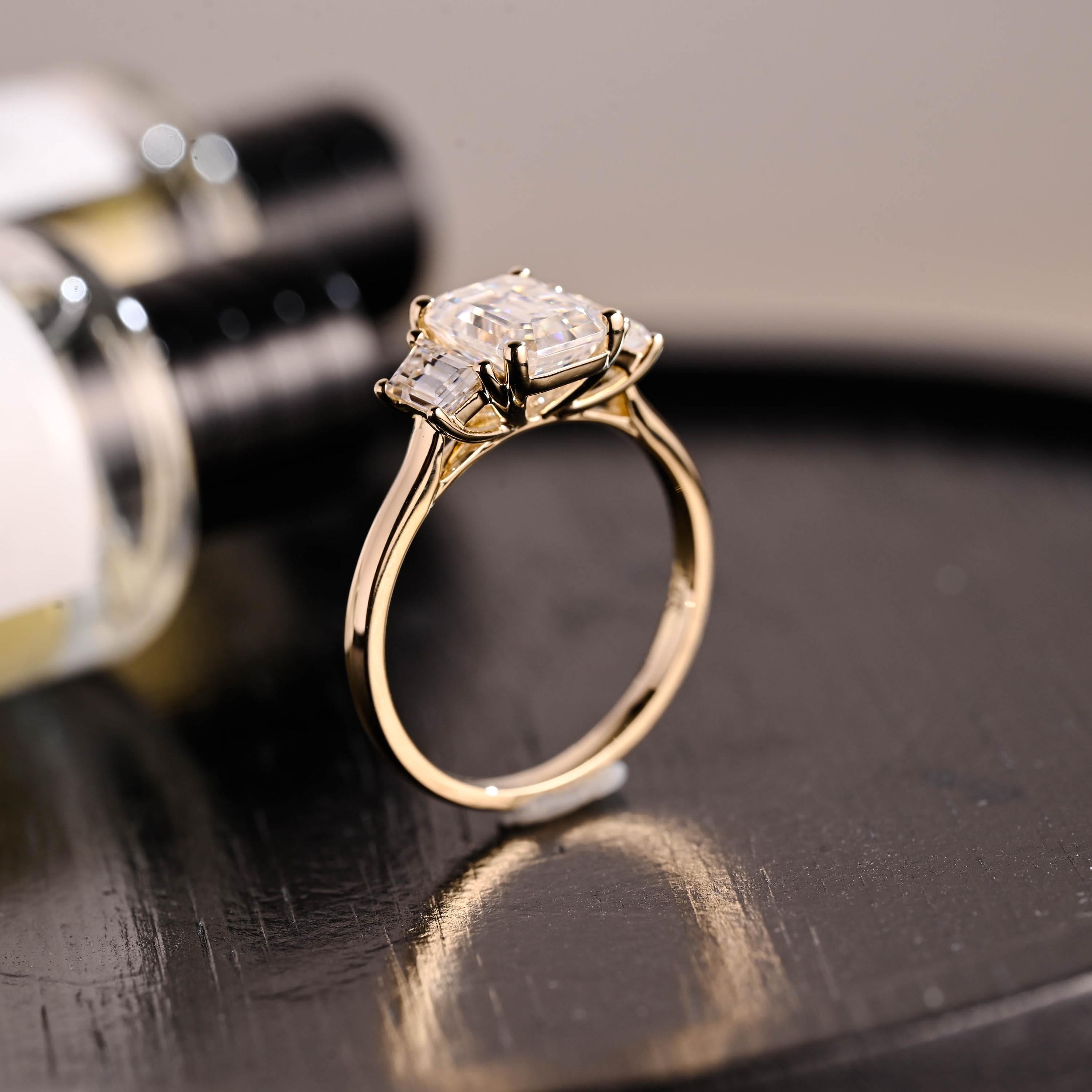 Solid Gold Three Stone Emerald Cut Moissanite Engagement Ring, Anniversary Ring, Moissanite Rings