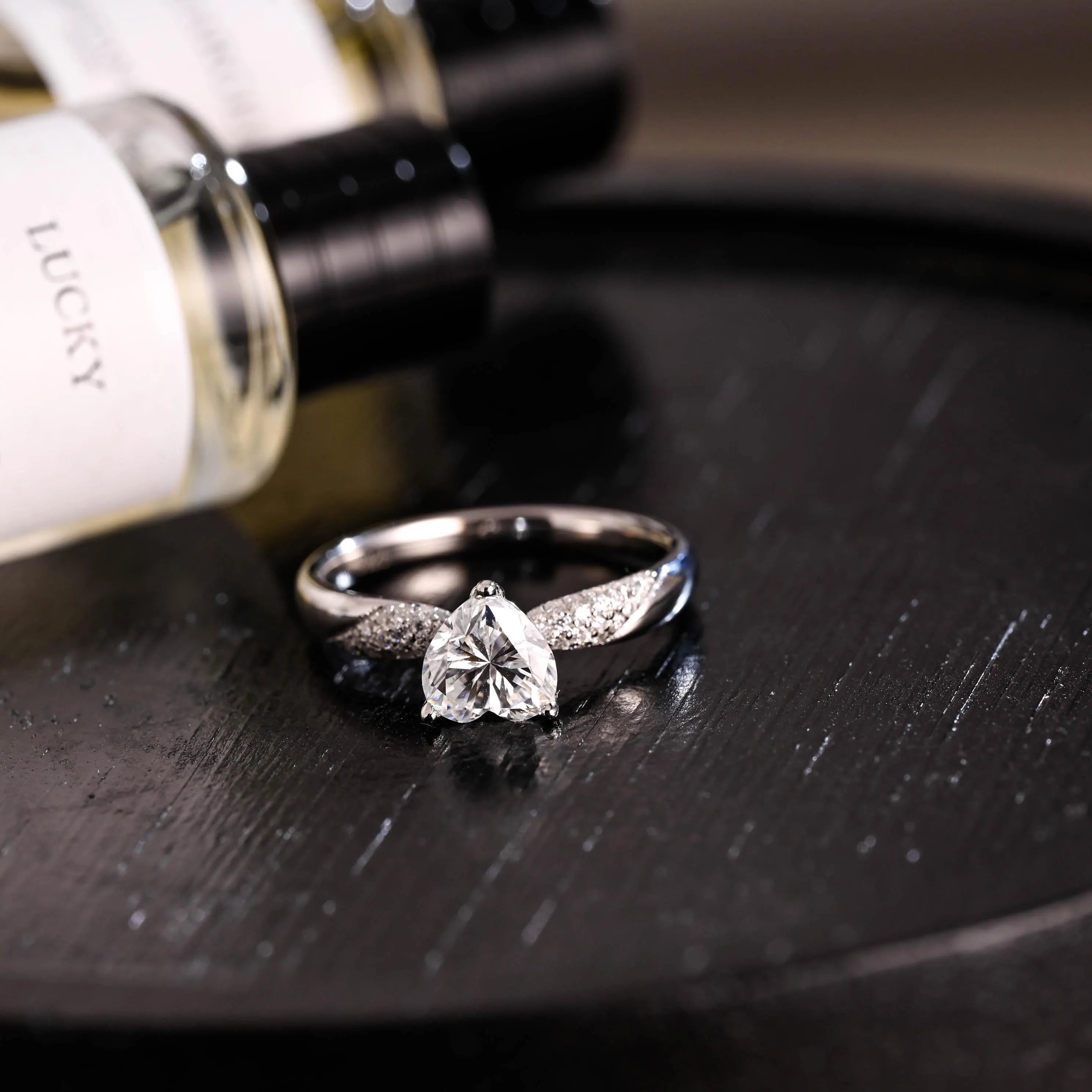 Solid Gold Heart Cut Moissanite Engagement Ring, Pave BandWedding Ring
