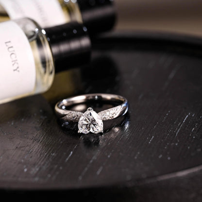 Solid Gold Heart Cut Moissanite Engagement Ring, Pave BandWedding Ring
