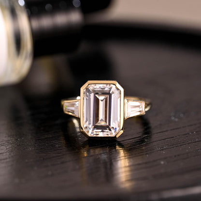 Solid Gold Three Stone Emerald Cut Moissanite Engagement Ring, Trapezoid Accents Emerald Cut Wedding Ring