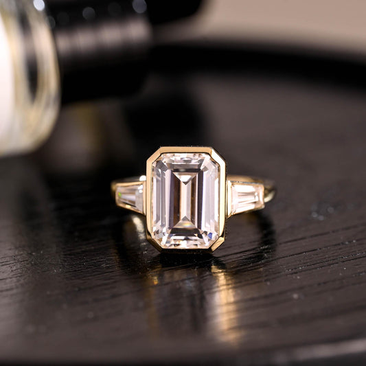 Solid Gold Three Stone Emerald Cut Moissanite Engagement Ring, Trapezoid Accents Emerald Cut Wedding Ring