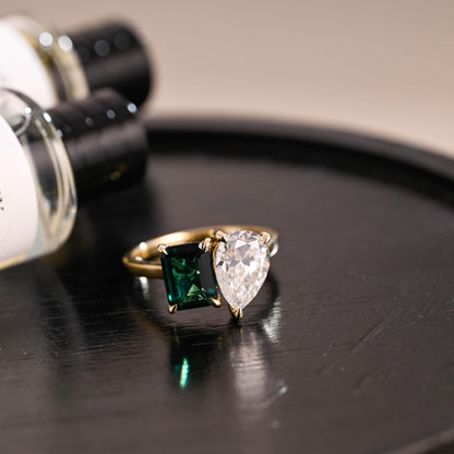 Solid Gold Lab Grown Emerald Toi et Moi Ring, Hidden Halo Memorial Two Stone Moissanite Engagement Ring