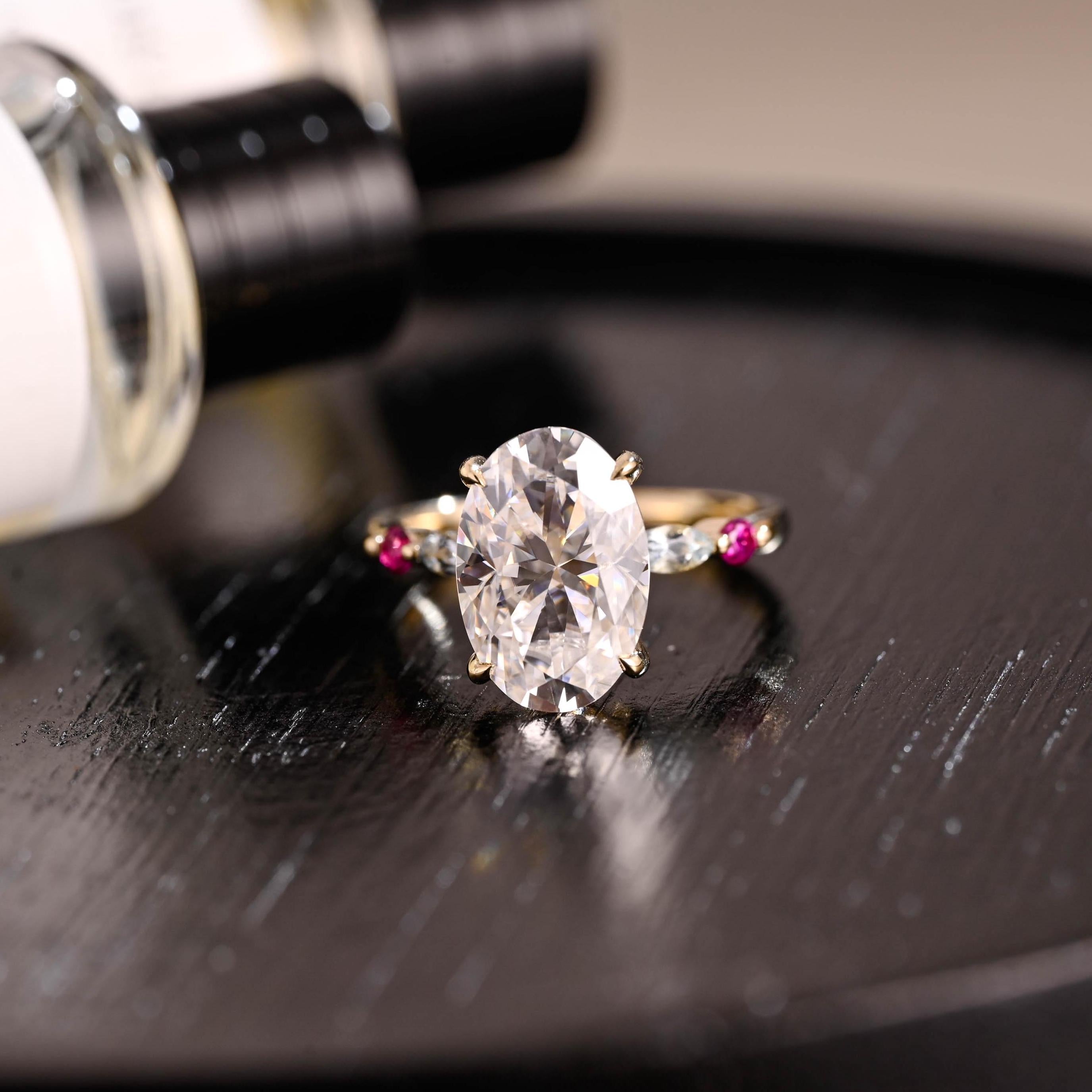 Solid Gold Lab Grown Aquamarine & Ruby Accented Oval Cut Moissanite Engagement Ring