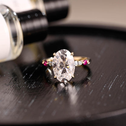 Solid Gold Lab Grown Aquamarine & Ruby Accented Oval Cut Moissanite Engagement Ring