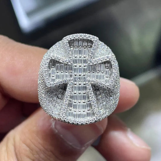 Iced Out Cross Ring: 6.97ctw Moissanite, Gold-Plated Sterling Silver