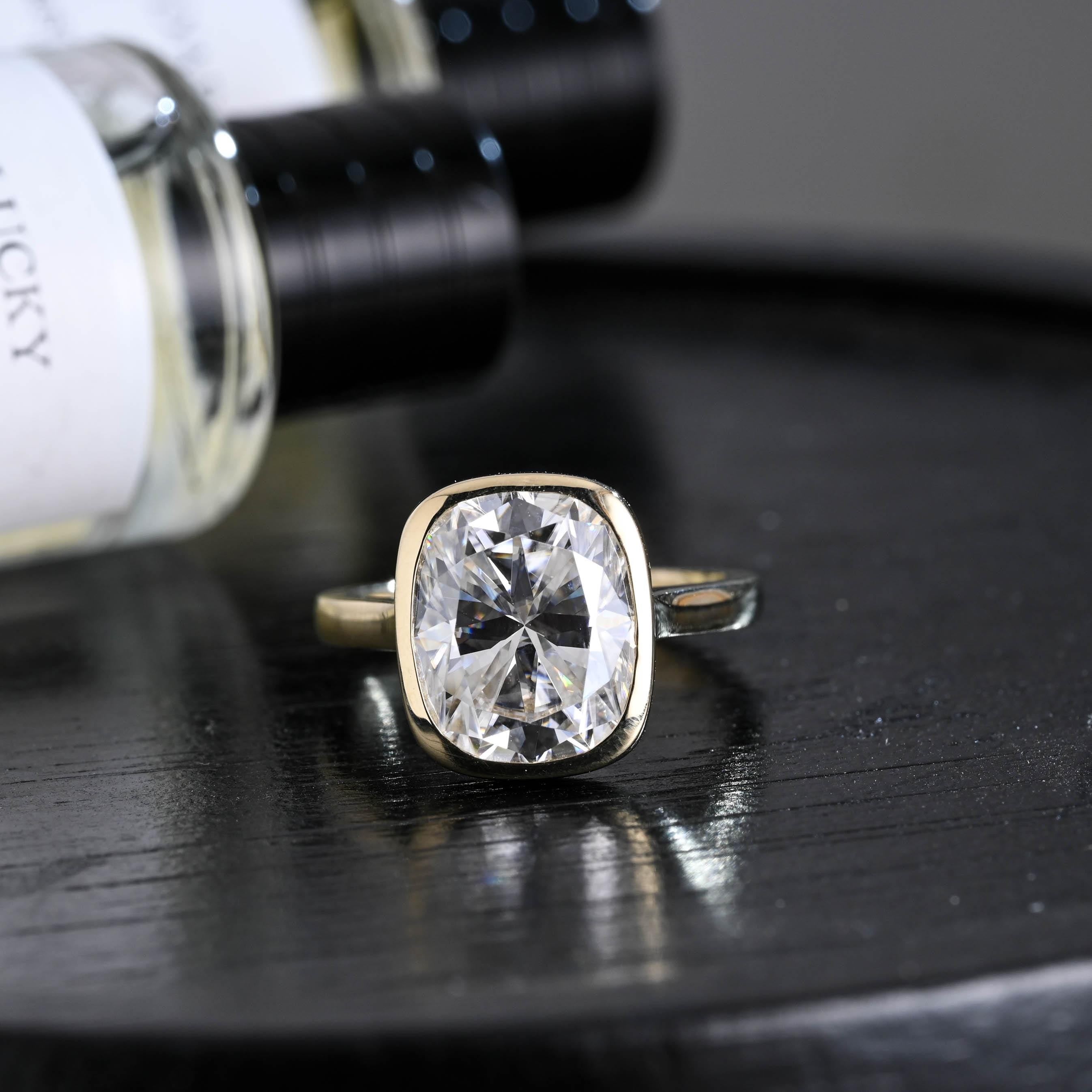 Solid Gold Bezel Elongated Cushion Cut Moissanite Engagement Ring, Anniversary Gift for Women