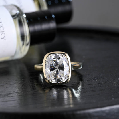 Solid Gold Bezel Elongated Cushion Cut Moissanite Engagement Ring, Anniversary Gift for Women