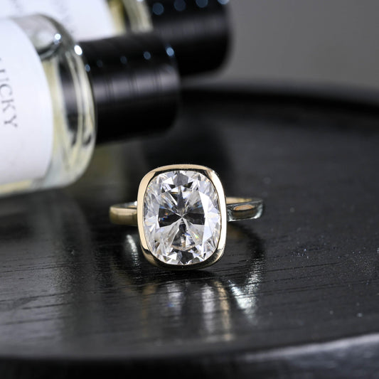 Solid Gold Bezel Elongated Cushion Cut Moissanite Engagement Ring, Anniversary Gift for Women