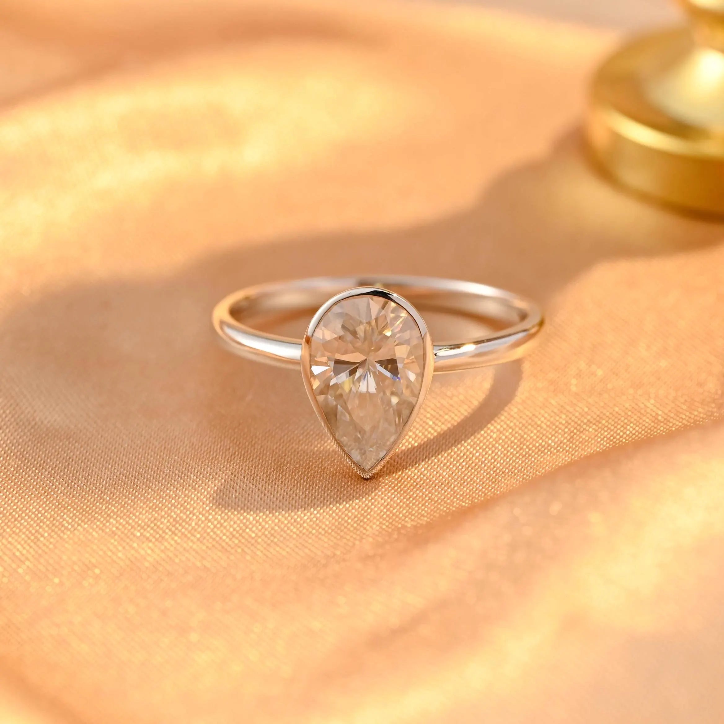 Solid Gold Bezel Pear Cut Moissanite Engagement Ring, Solitaire Pear Moissanite Wedding Ring
