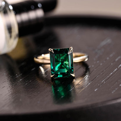 Solid Gold Lab Grown Emerald Engagement Ring, Solitaire Emerald Wedding Ring, Anniversary Gemstone Ring, Classic Emerald Birthstone Ring
