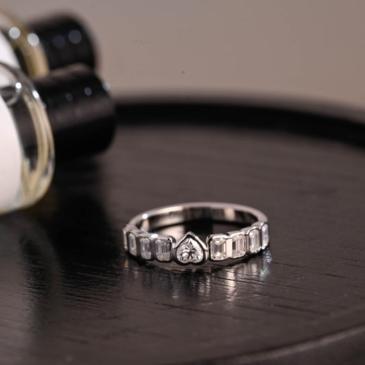 Solid Gold Heart & Emerald Cut Moissanite Wedding Band, Anniversary Gift