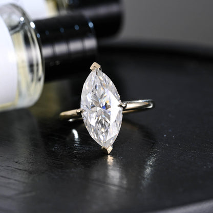 Solid Gold Marquise Cut Moissanite Engagement Ring, Hidden Halo Promise Ring