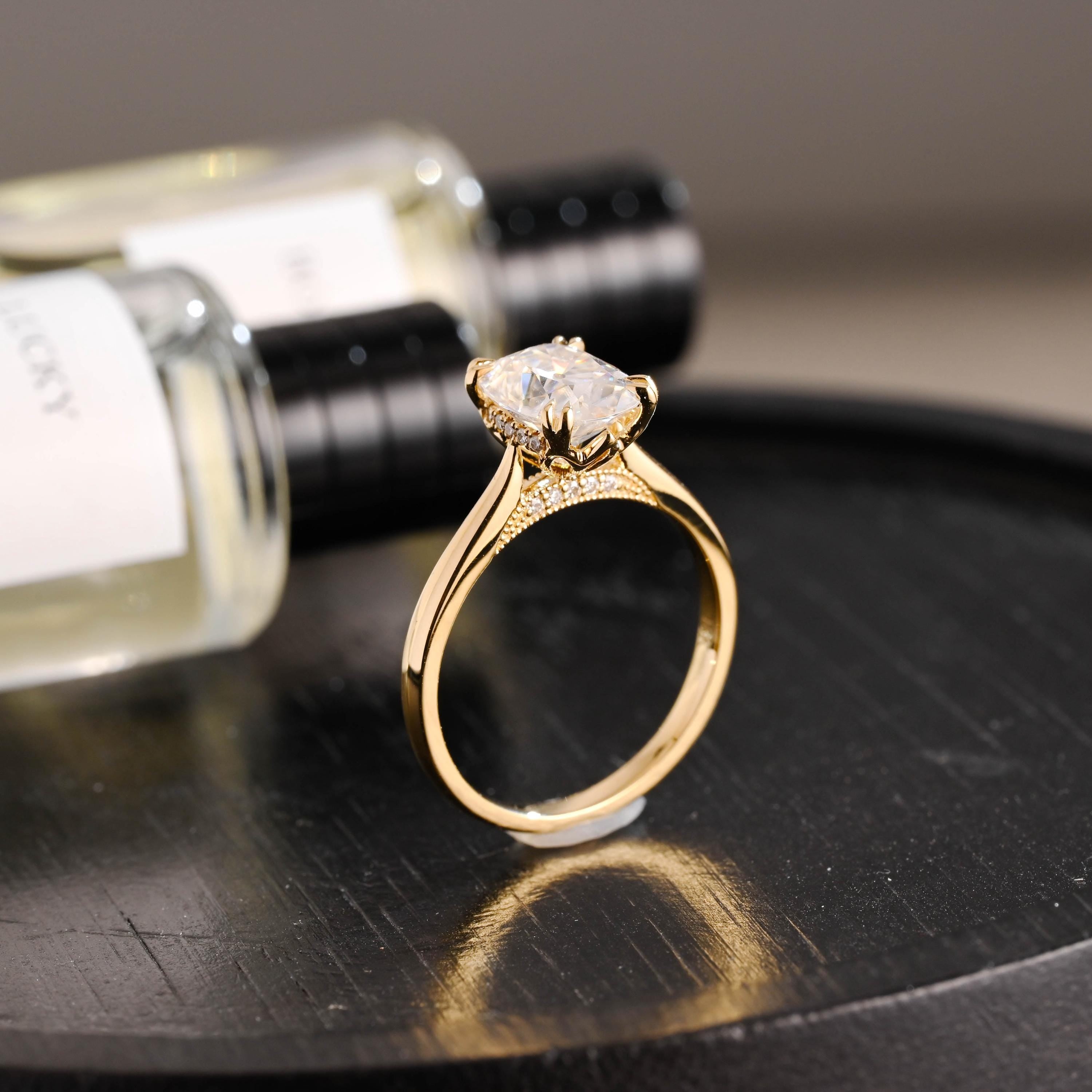 Hidden Halo Elongated Cushion Moissanite Engagement Ring, Solid Gold Proposal Ring, Promise Ring, Wedding Ring, Anniversary Gift for Women