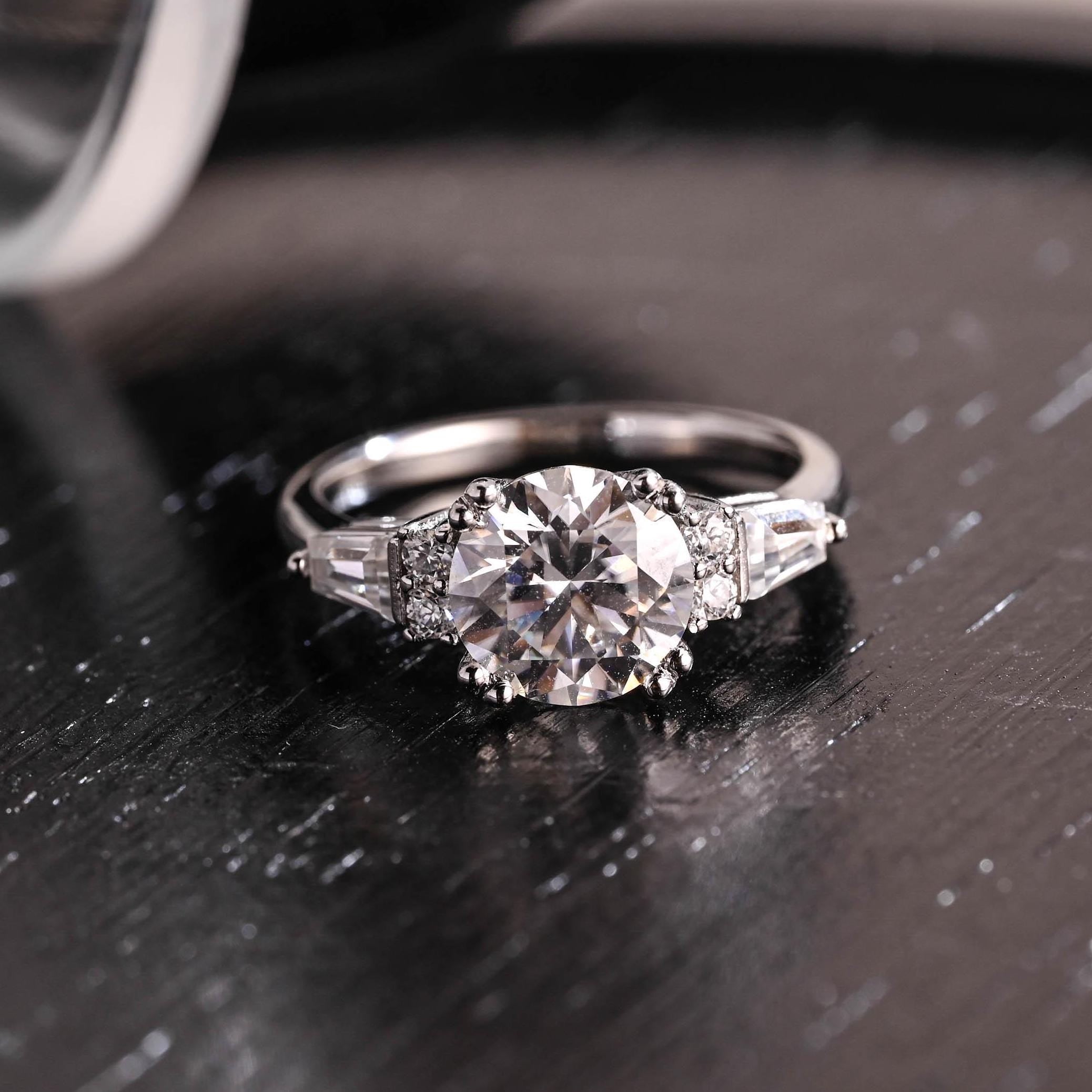 Three Stone Round Cut Moissanite Engagement Ring, Trapezoid Accents Round Cut Double Prongs Wedding Ring