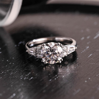 Three Stone Round Cut Moissanite Engagement Ring, Trapezoid Accents Round Cut Double Prongs Wedding Ring