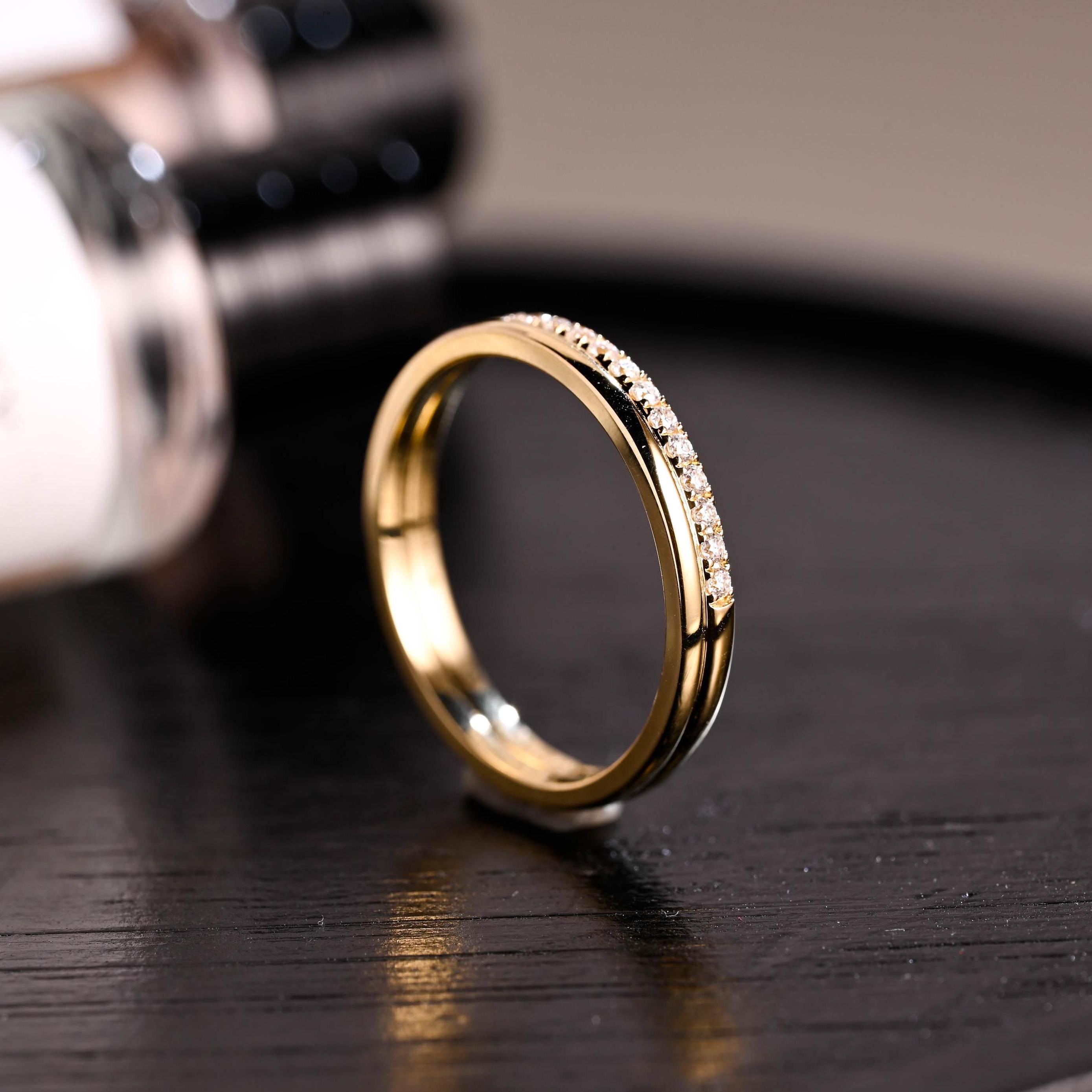 Moissanite Pave Solid Gold Wedding Band, Eternity Ring