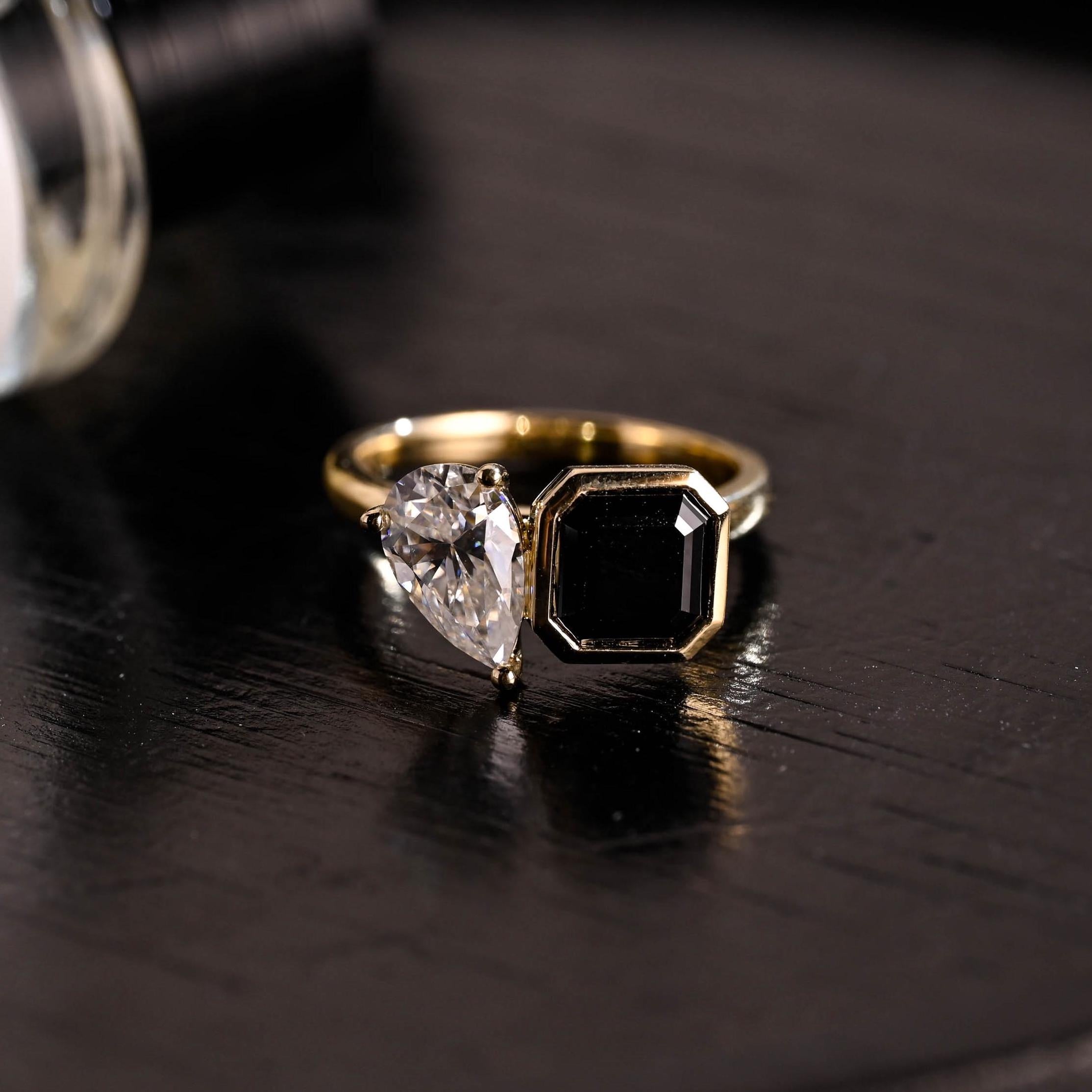 Asscher Cut Black Moissanite Gothic Style Toi et Moi Engagement Ring, Solid Gold Bezel Alternative Ring Gifts
