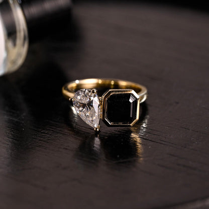 Asscher Cut Black Moissanite Gothic Style Toi et Moi Engagement Ring, Solid Gold Bezel Alternative Ring Gifts