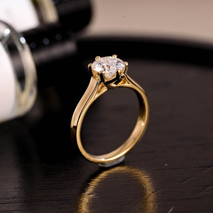 Solid Gold Round Cut Moissanite Engagement Ring, Floral Cathedral Setting Moissanite Anniversary Ring