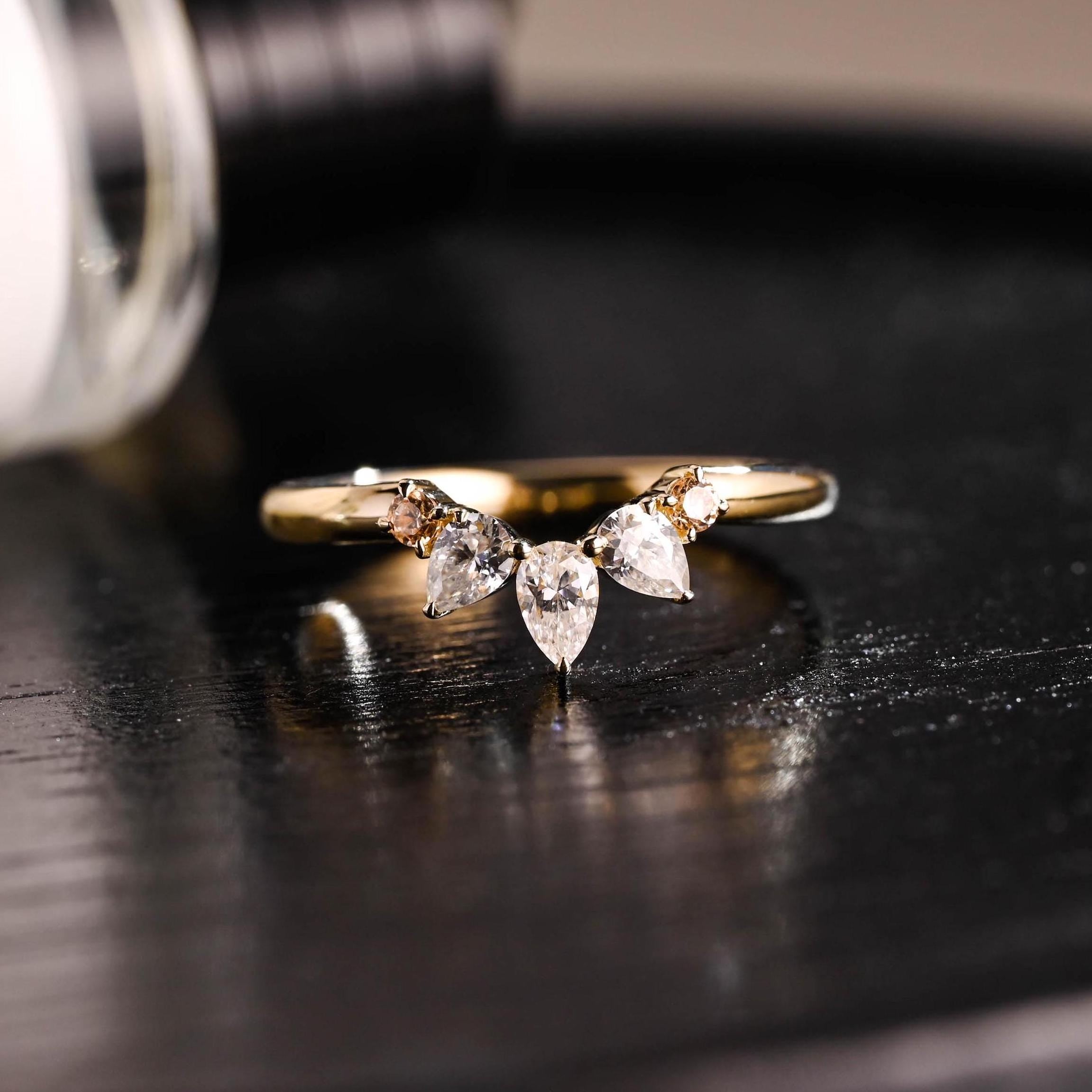 Solid Gold Champagne Moissanite Curved Wedding Band, Nest Ring