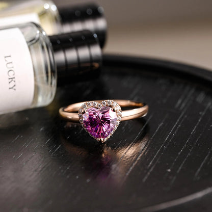 Heart Cut Pink Moissanite Engagement Ring, Unique Halo Heart Cut Wedding Ring