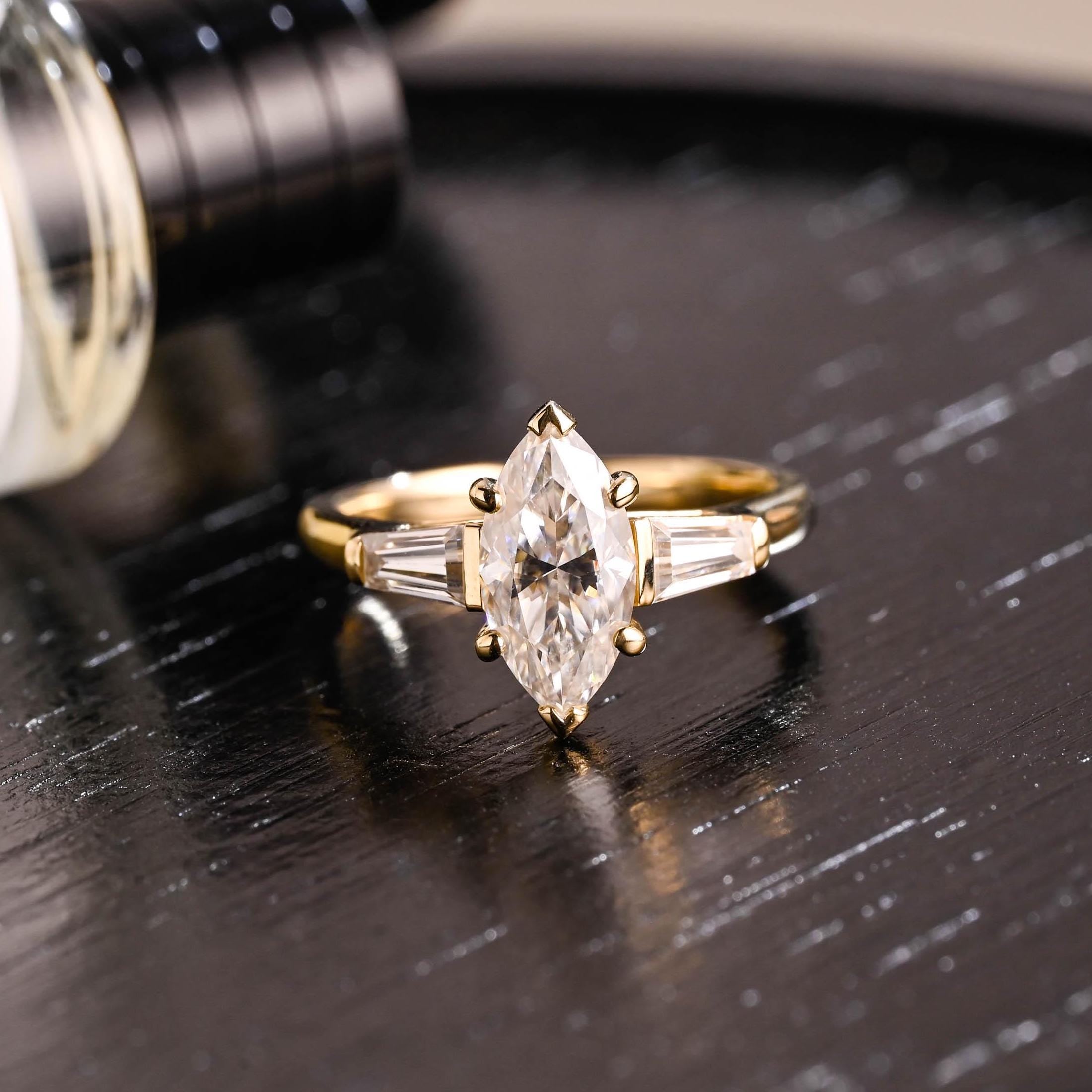 Solid Gold Marquise Moissanite Three Stone Engagement Ring, Anniversary Ring