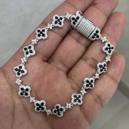 Moissanite Tennis Bracelet: Black Agate Clover, Sterling Silver, Iced Out Silver Bracelet, Diamond Bracelet, Black Clover Stone