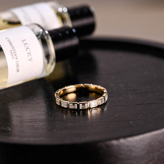 Solid Gold Emerald Cut Moissanite Wedding Band, Anniversary Ring