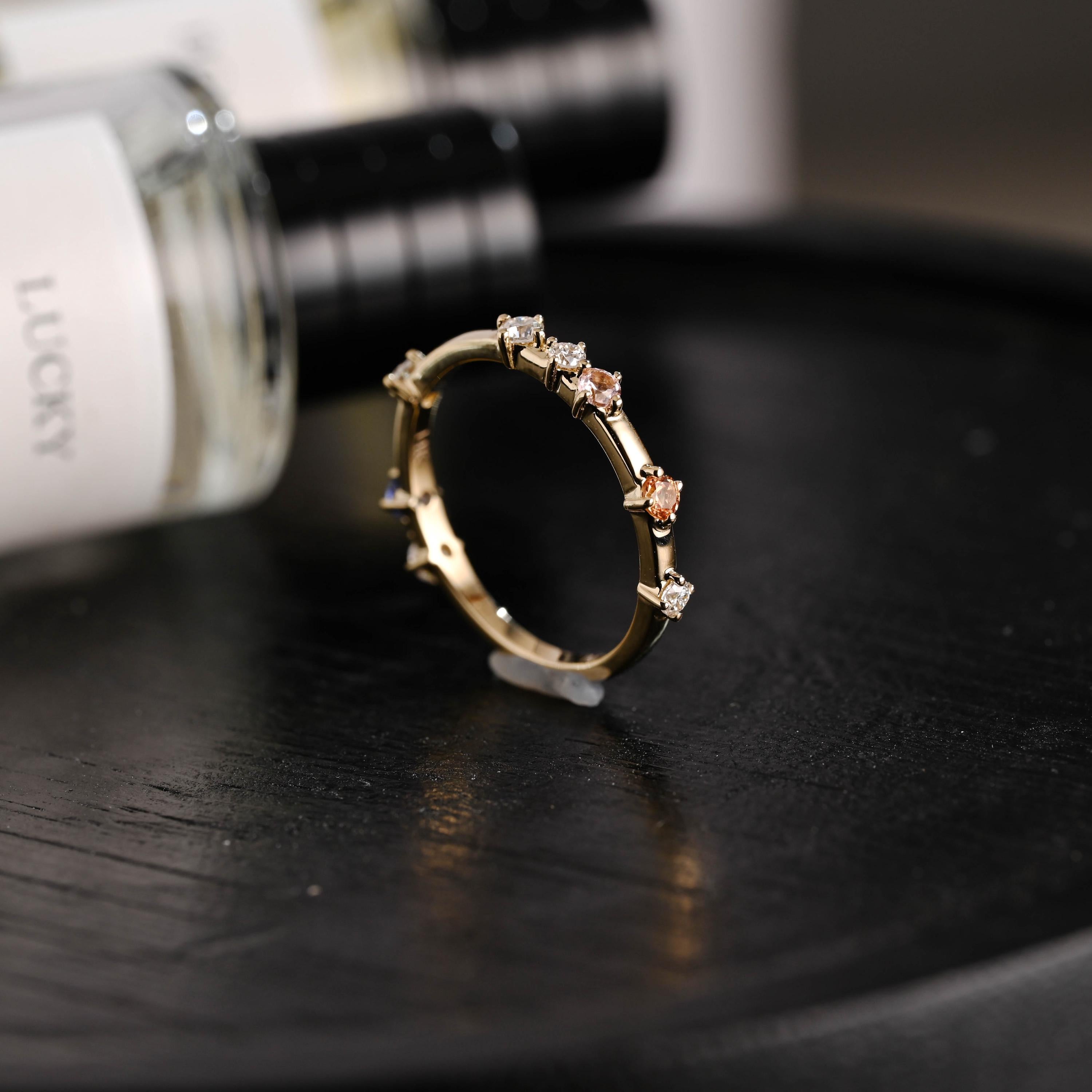 Solid Gold Moissanite Wedding Band, Pink Blue Orange Ring