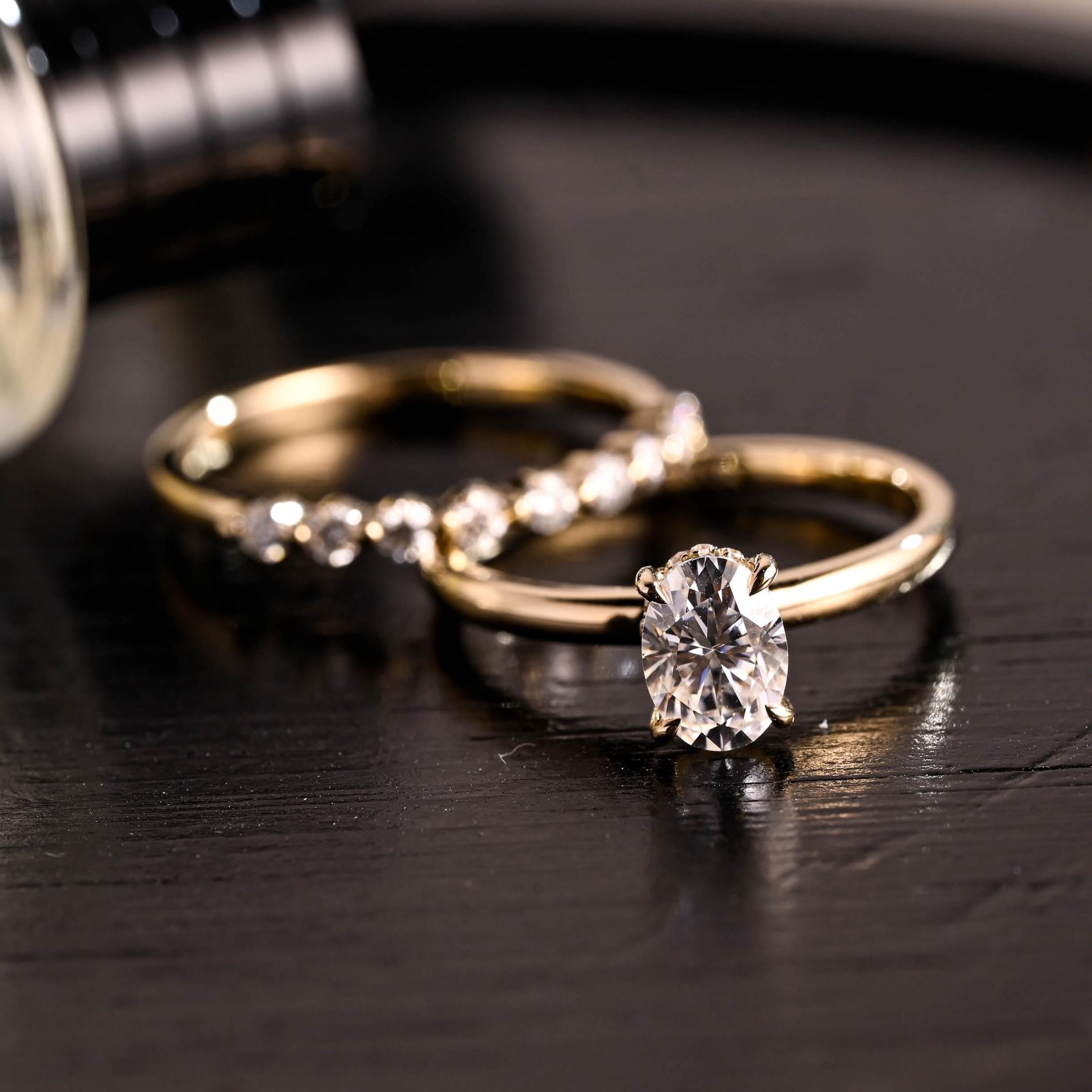 Solid Gold Hidden Halo Oval Cut Moissanite Engagement Ring Set, Half Eternity Ring Bridal Set
