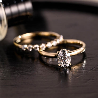 Solid Gold Hidden Halo Oval Cut Moissanite Engagement Ring Set, Half Eternity Ring Bridal Set