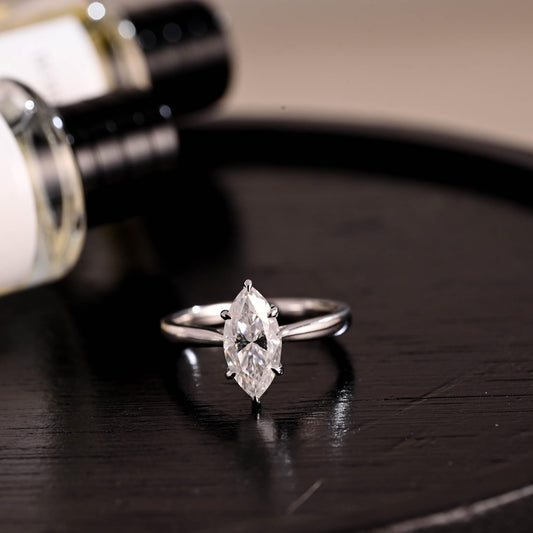 Solid Gold Marquise Cut Moissanite Engagement Ring, Pave Prong Setting