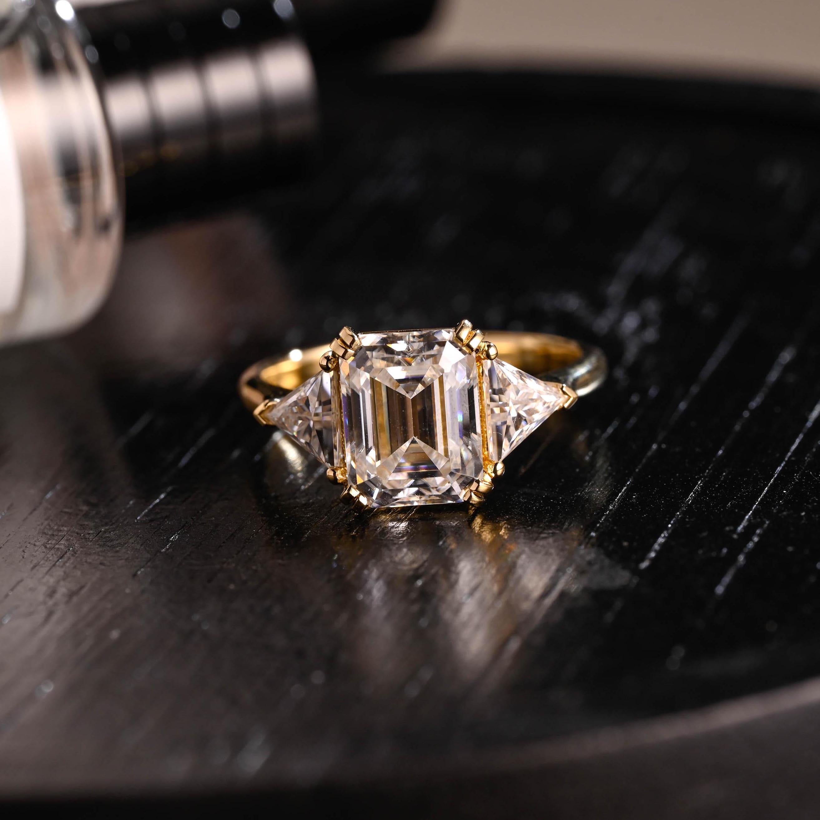 Three Stone Emerald Cut Moissanite Engagement Ring, Solid Gold Emerald Cut Moissanite Wedding Ring, Anniversary Ring, Double Claws Prong