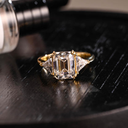 Three Stone Emerald Cut Moissanite Engagement Ring, Solid Gold Emerald Cut Moissanite Wedding Ring, Anniversary Ring, Double Claws Prong