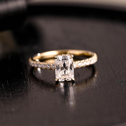 Solid Gold Cathedral Setting Radiant Cut Moissanite Engagement Ring, Hidden Halo Pave Wedding Ring