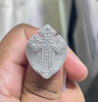 Iced Out Cross Ring: 7.6 CTW Moissanite, Sterling Silver