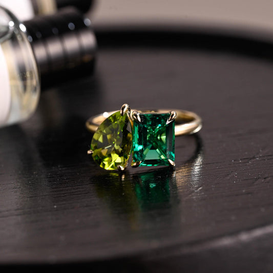 Solid Gold Toi et Moi Ring, Pear Cut Peridot & Lab Grown Emerald Engagement Ring