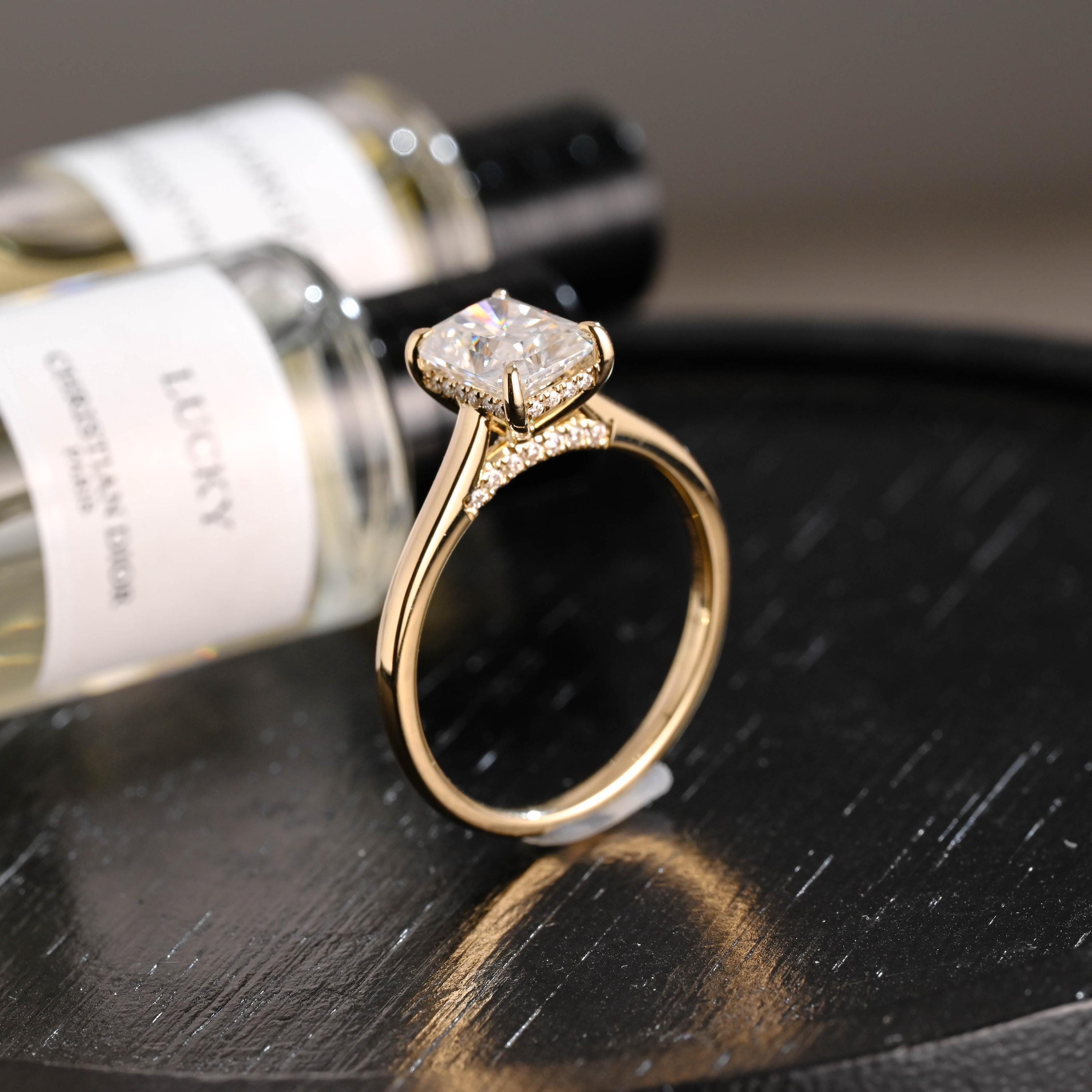Solid Gold Hidden Halo Radiant Moissanite Engagement Ring, Cathedral Proposal Ring