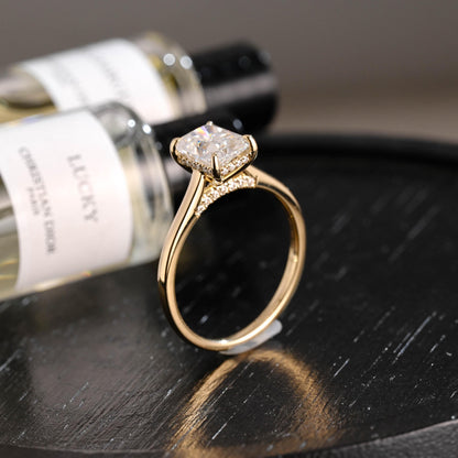 Solid Gold Hidden Halo Radiant Moissanite Engagement Ring, Cathedral Proposal Ring