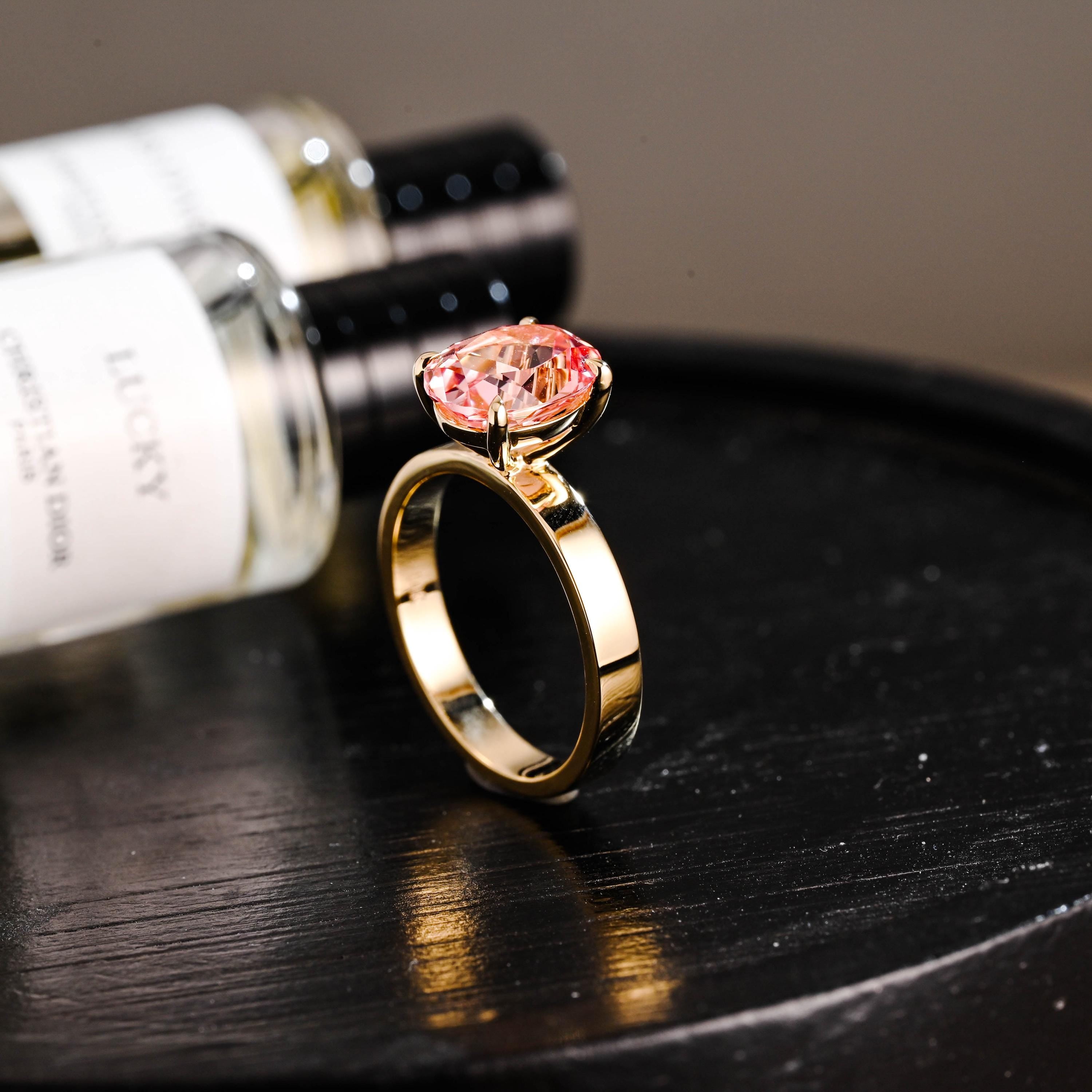 Solid Gold Oval Cut Solitaire Lab Grown Pink Sapphire Engagement Ring, 3mm Wide Proposal Ring