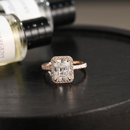 Solid Gold Radiant Cut Moissanite Engagement Ring, Halo Pave Vintage Style Wedding Ring