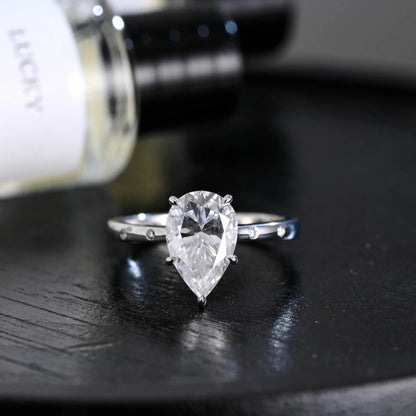 Solid Gold Hidden Halo Pear Moissanite Engagement Ring, Anniversary Gift Birthday Gift for Women