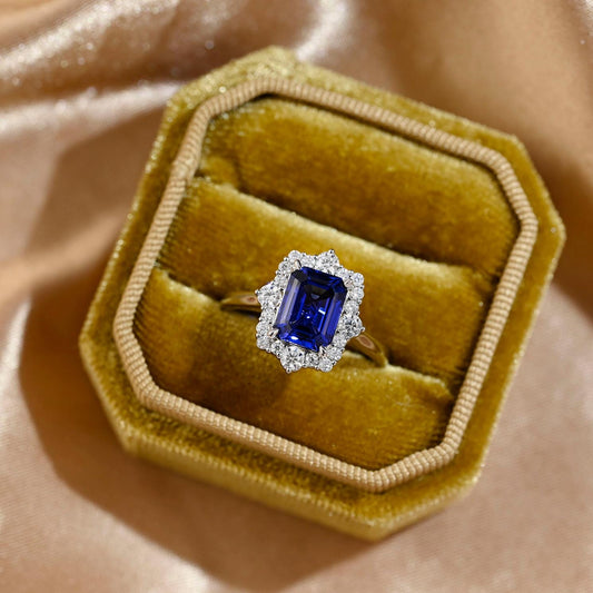 Solid Gold Emerald Cut Lab Grown Sapphire Engagement Ring, Halo Moissanite Wedding Ring, Anniversary Gemstone Ring, Moissanite Gifts