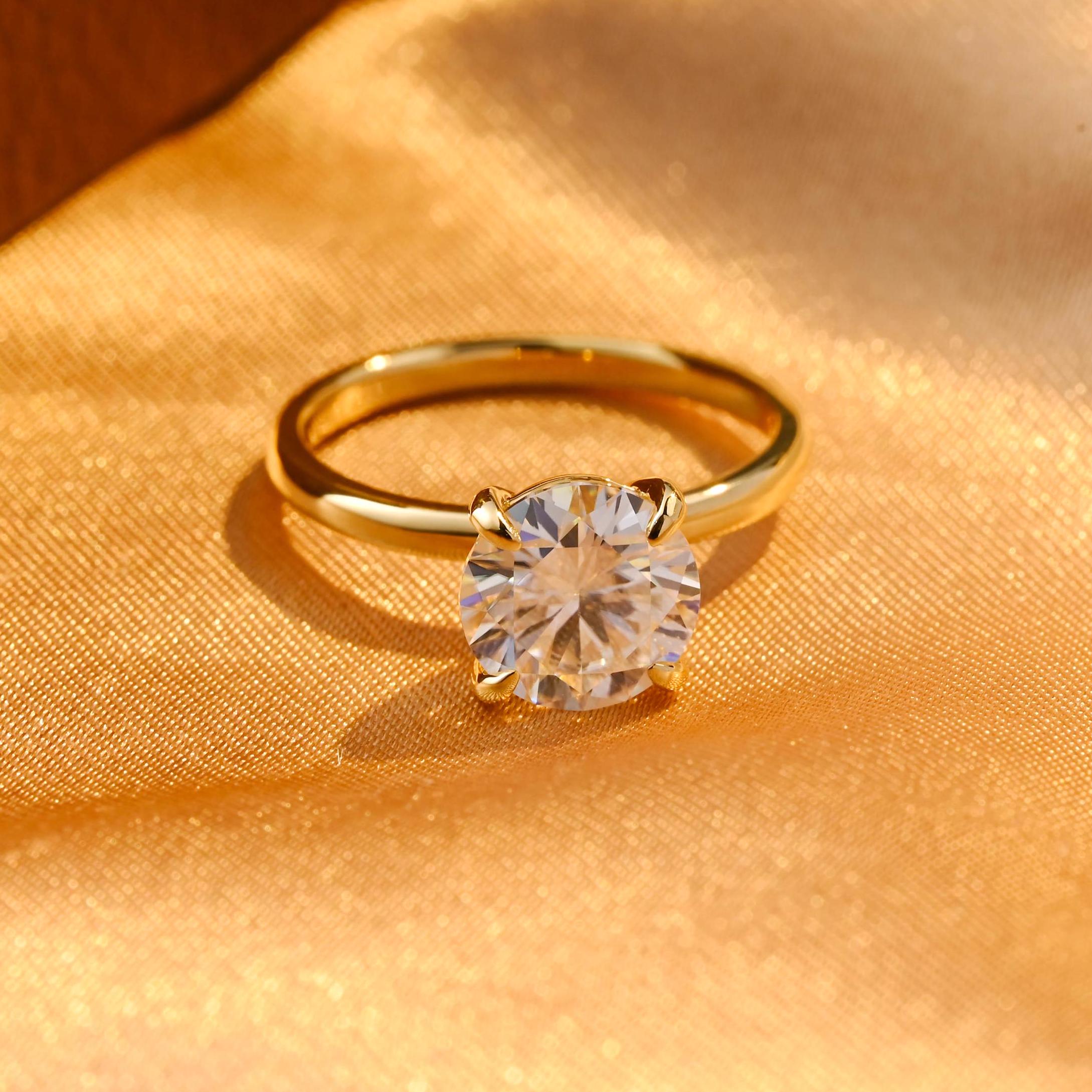 Solid Gold Solitaire Round Cut Moissanite Engagement Ring, Wedding Ring 4 Prongs