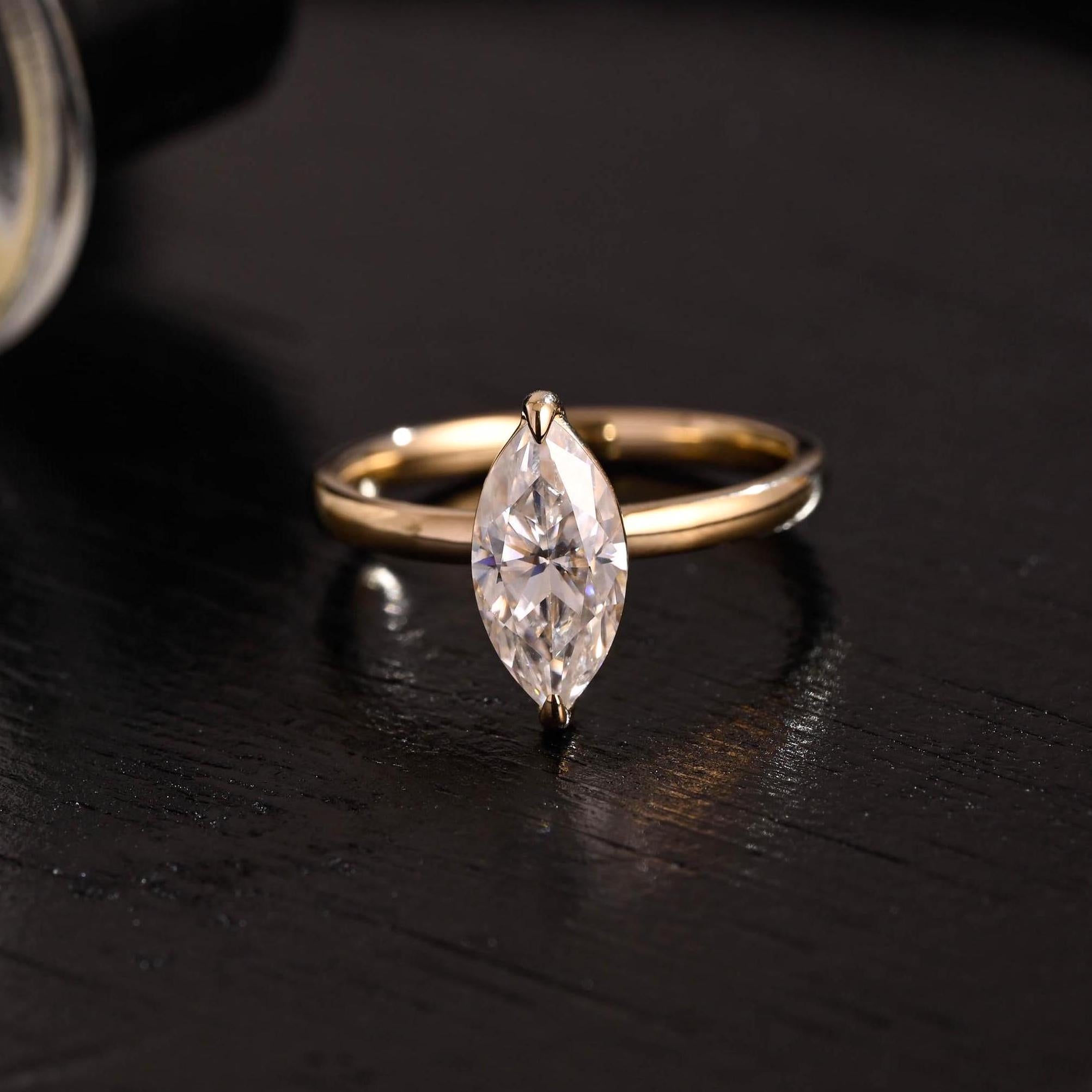Solid Gold Solitaire Marquise Cut Moissanite Engagement Ring, Two Prongs Setting