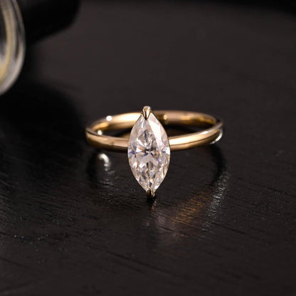 Solid Gold Solitaire Marquise Cut Moissanite Engagement Ring, Two Prongs Setting