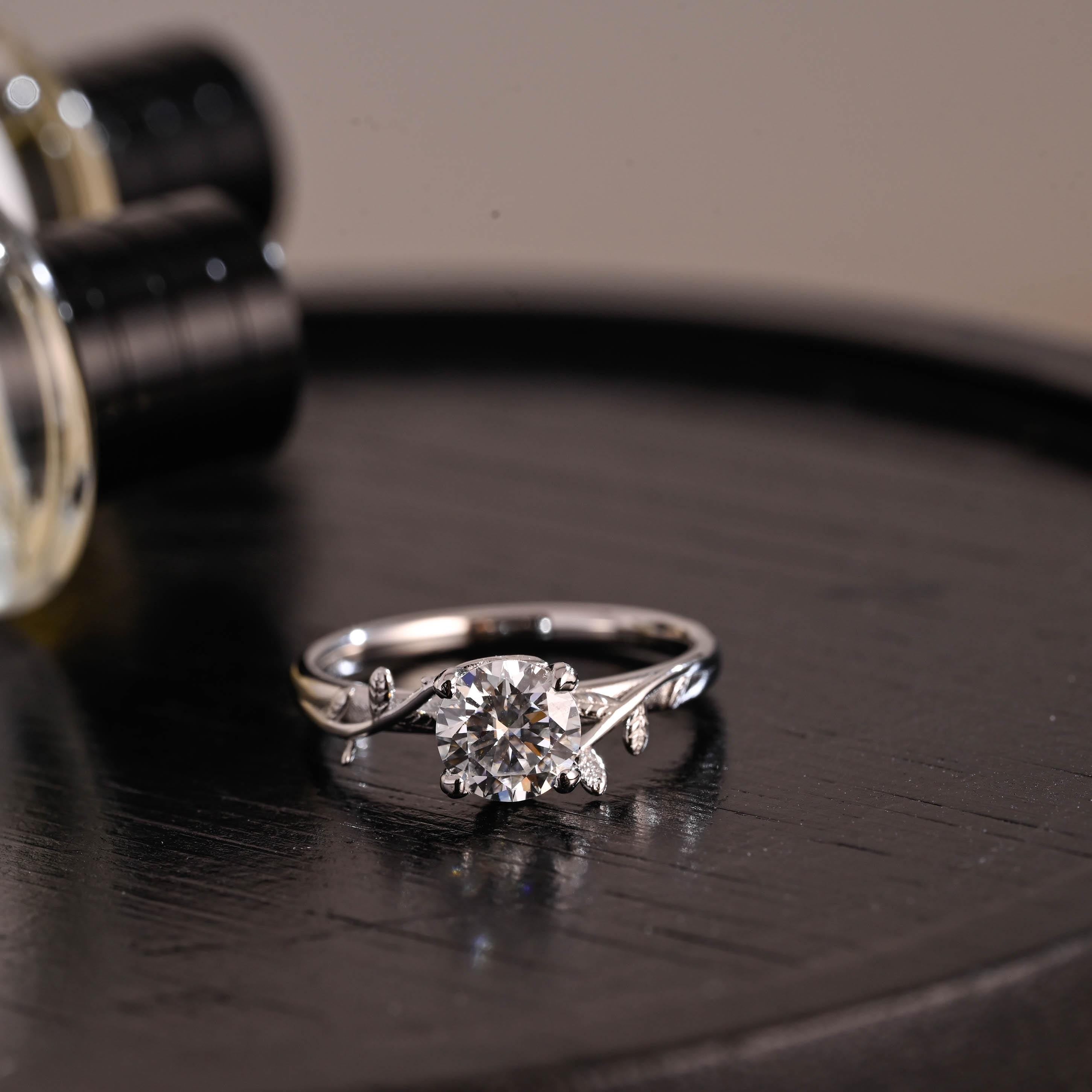 Branch Design Solid Gold Round Cut Moissanite Engagement Ring, Promise Ring, Wedding Ring